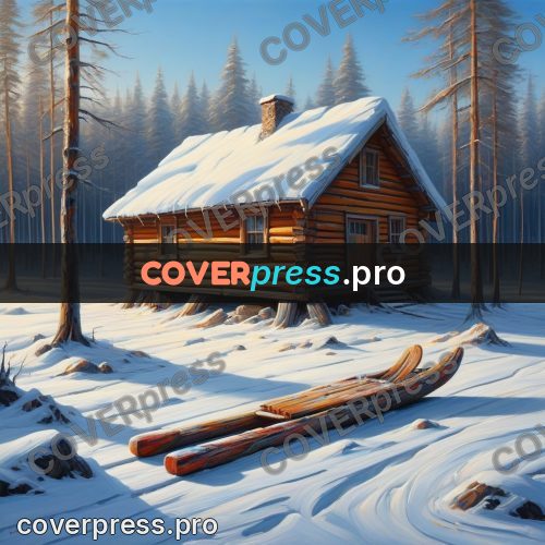 Acrylic illustration: wooden sledge by a log cabin