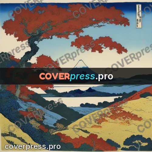 Japanese woodblock print: red maples on a slope