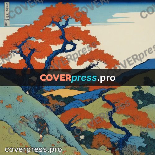 Japanese woodblock print: red maples on a slope