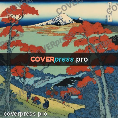 Japanese woodblock print: red maples on a slope