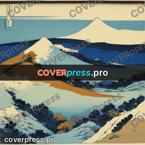 Japanese woodblock print: snowy summit beyond the hills