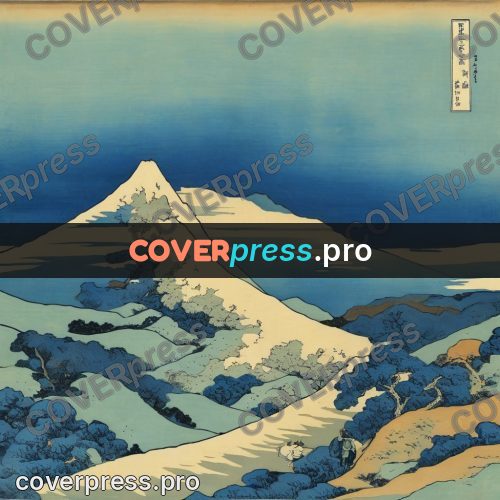 Japanese woodblock print: snowy summit beyond the hills