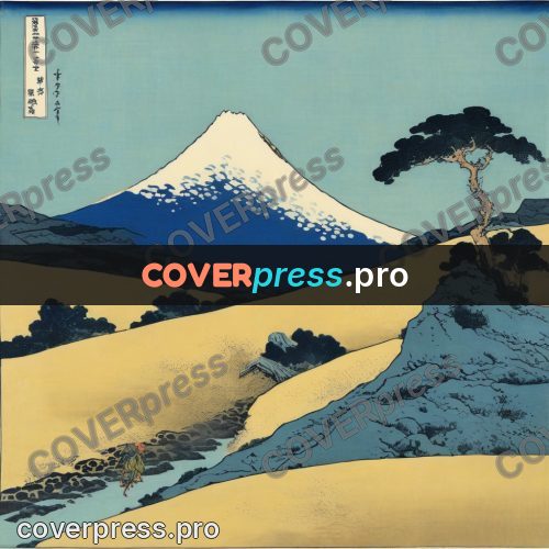 Japanese woodblock print: snowy summit beyond the hills