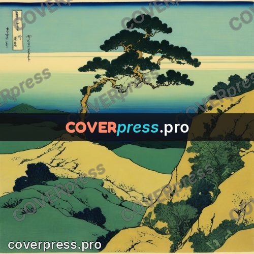 Japanese woodblock print: pine above a valley