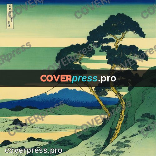 Japanese woodblock print: pine above a valley