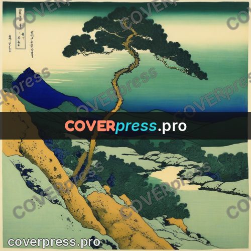 Japanese woodblock print: pine above a valley