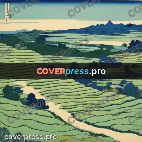 Japanese woodblock print: rice terraces on the hills