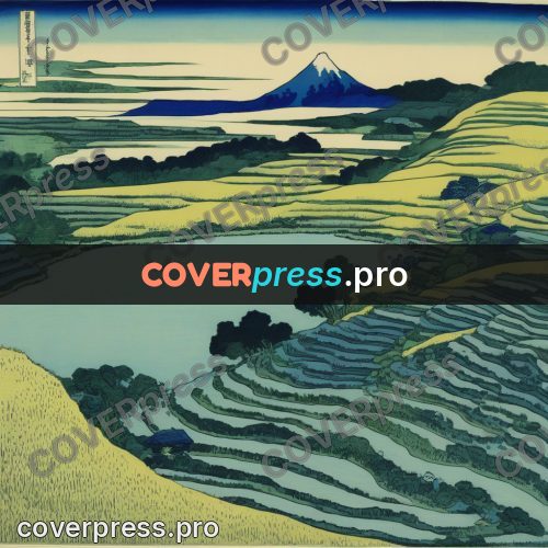 Japanese woodblock print: rice terraces on the hills