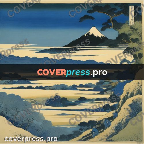 Japanese woodblock print: snowy mountain above an ochre field