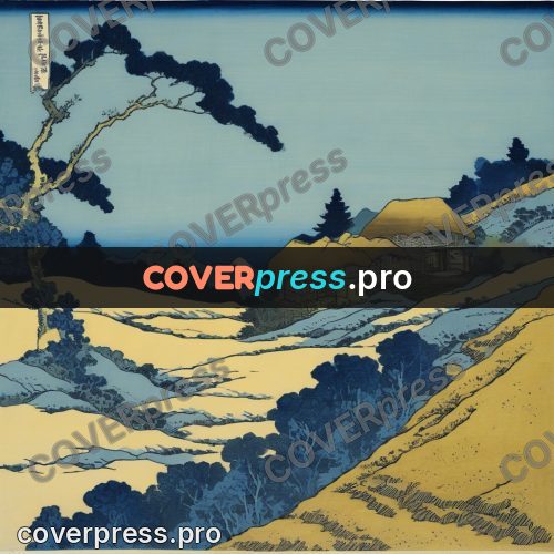 Japanese woodblock print: snowy mountain above an ochre field