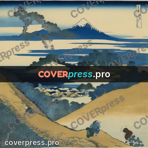 Japanese woodblock print: snowy mountain above an ochre field