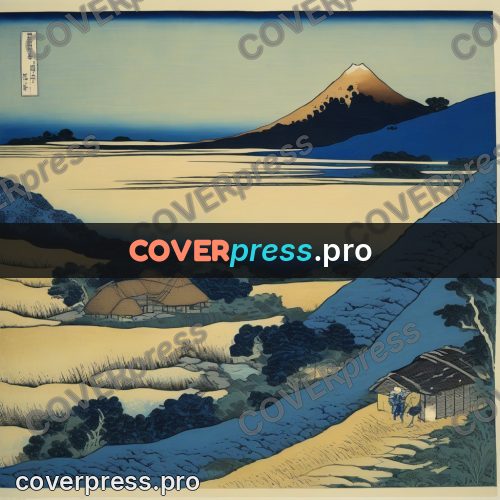 Japanese woodblock print: snowy mountain above an ochre field
