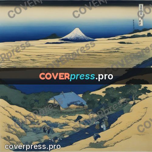 Japanese woodblock print: snowy mountain above an ochre field