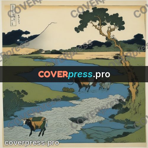 Japanese woodblock print: bull by the water