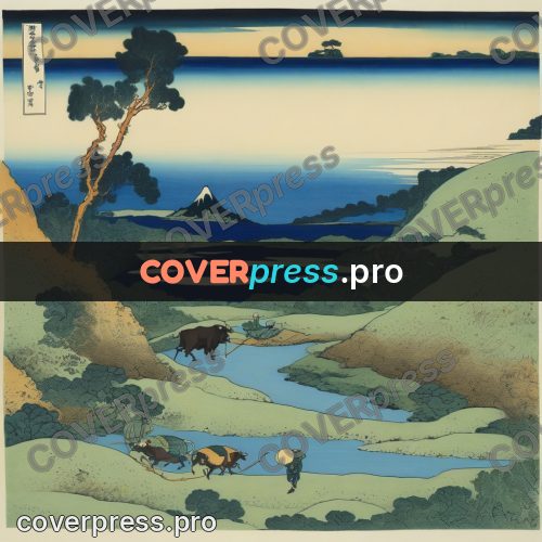 Japanese woodblock print: bull by the water