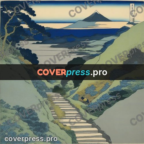 Japanese woodblock print: stone stairs on a slope