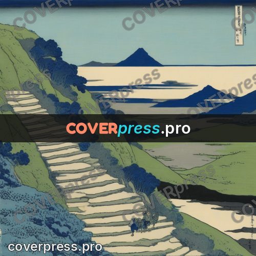Japanese woodblock print: stone stairs on a slope