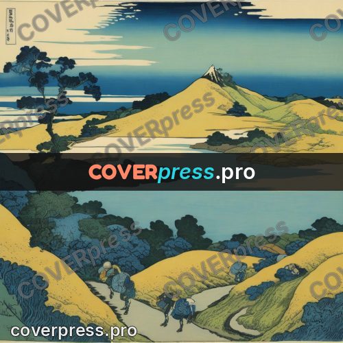 Japanese woodblock print: path among yellow hills