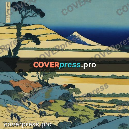 Japanese woodblock print: path among yellow hills