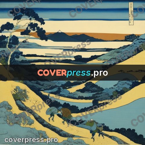 Japanese woodblock print: path among yellow hills