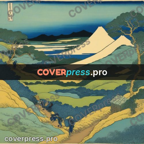 Japanese woodblock print: path among yellow hills