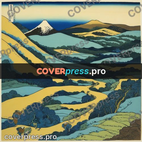 Japanese woodblock print: path among yellow hills