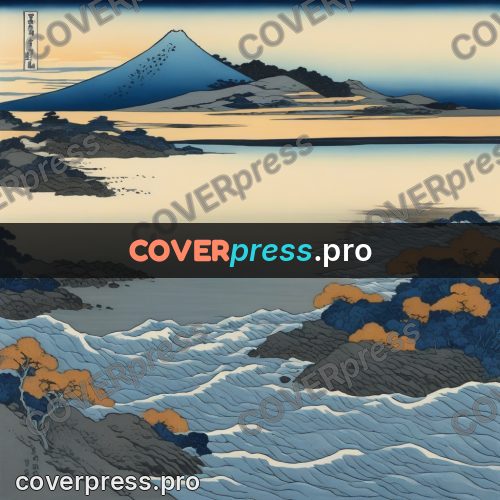 Japanese woodblock print: snowy mountain beyond the water