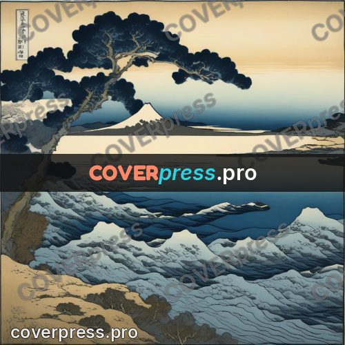 Japanese woodblock print: snowy mountain beyond the water