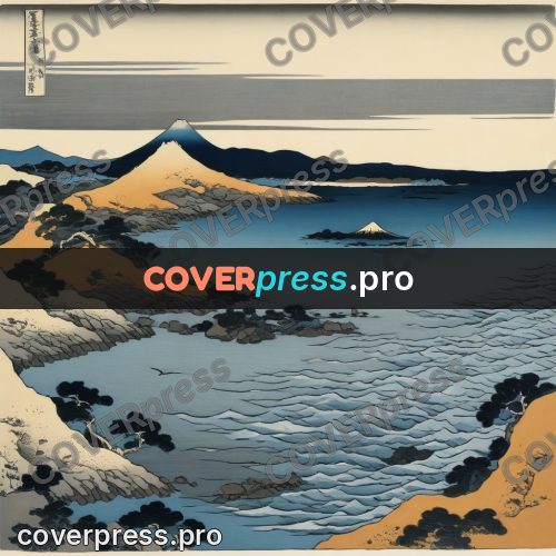 Japanese woodblock print: snowy mountain beyond the water