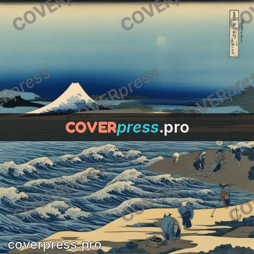 Japanese woodblock print: people on a sandy shoal