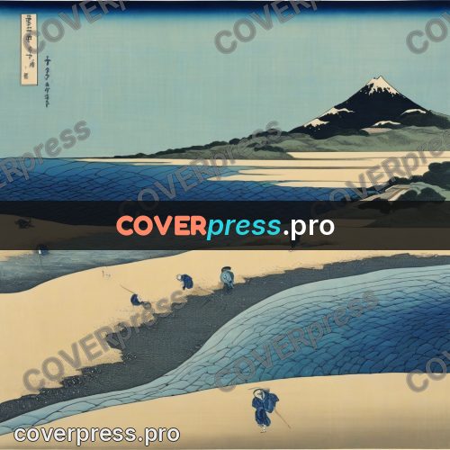 Japanese woodblock print: people on a sandy shoal