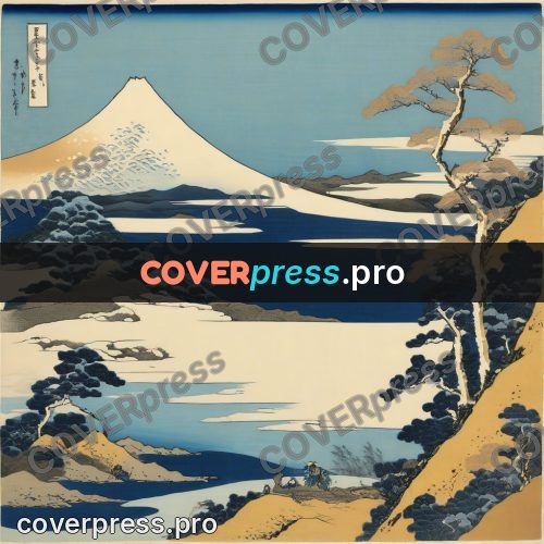 Japanese woodblock print: snowy mountain above a river