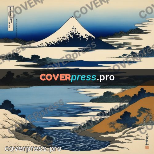 Japanese woodblock print: snowy mountain above a river
