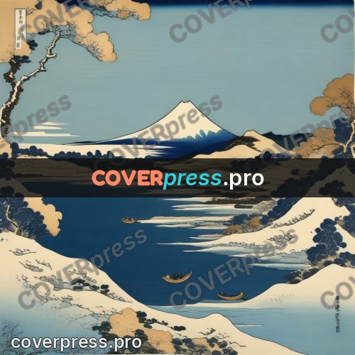Japanese woodblock print: snowy mountain above a river