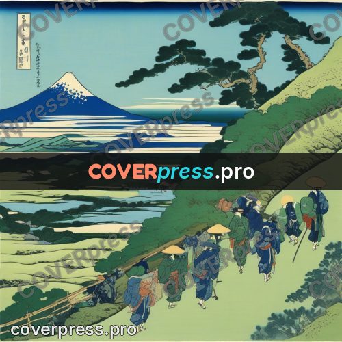 Japanese woodblock print: travellers in straw hats