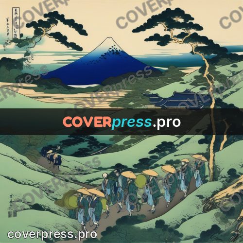 Japanese woodblock print: travellers in straw hats