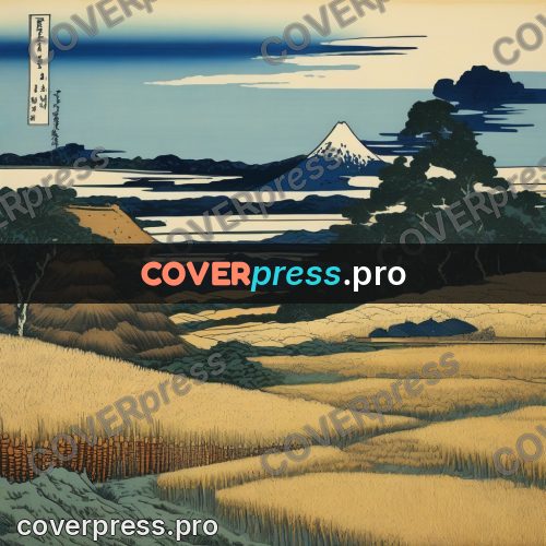 Japanese woodblock print: rice fields below a mountain