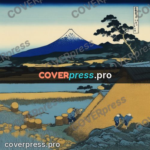 Japanese woodblock print: rice fields below a mountain