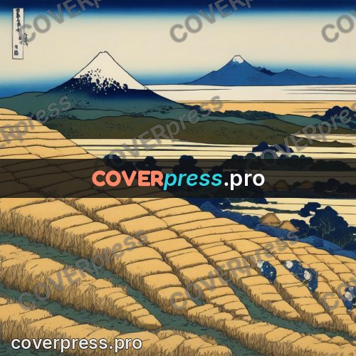 Japanese woodblock print: rice fields below a mountain