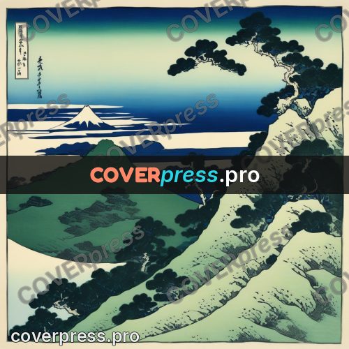 Japanese woodblock print: pine on a slope