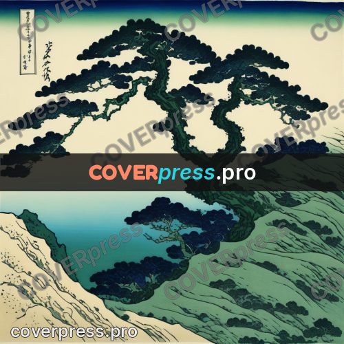 Japanese woodblock print: pine on a slope