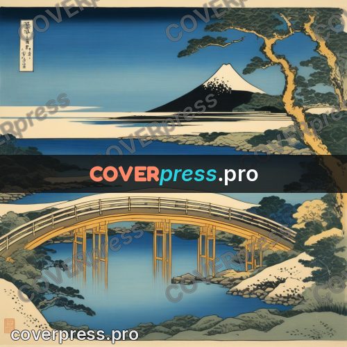 Japanese woodblock print: arched bridge over the water