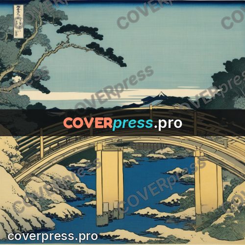Japanese woodblock print: arched bridge over the water