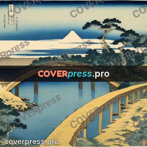 Japanese woodblock print: arched bridge over the water