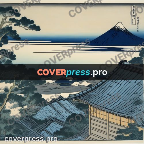 Japanese woodblock print: tiled roofs by a bay