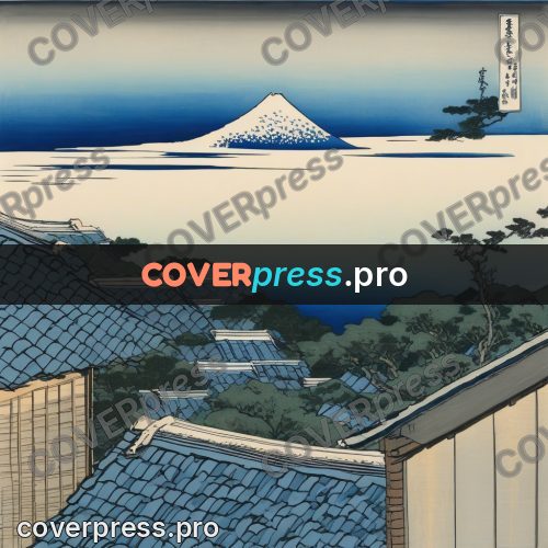 Japanese woodblock print: tiled roofs by a bay
