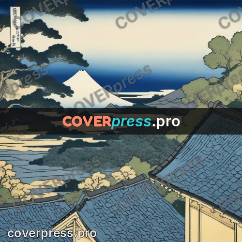Japanese woodblock print: tiled roofs by a bay
