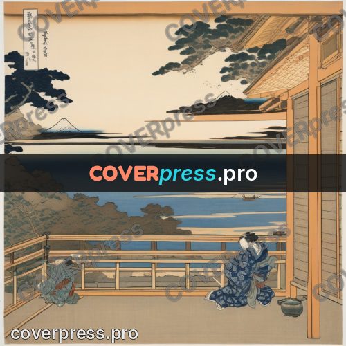 Japanese woodblock print: veranda looking onto a bay