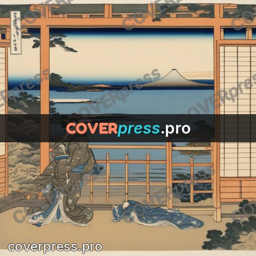 Japanese woodblock print: veranda looking onto a bay