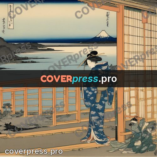 Japanese woodblock print: veranda looking onto a bay